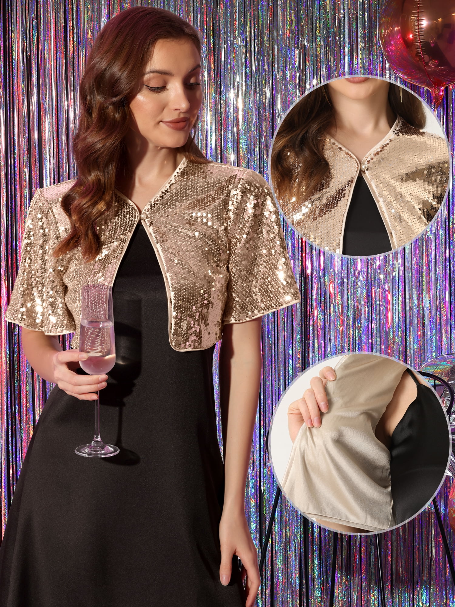 DARING DIVA Flared Sleeve Crop Shrug Bolero Glitter Jackets XL Rose Gold