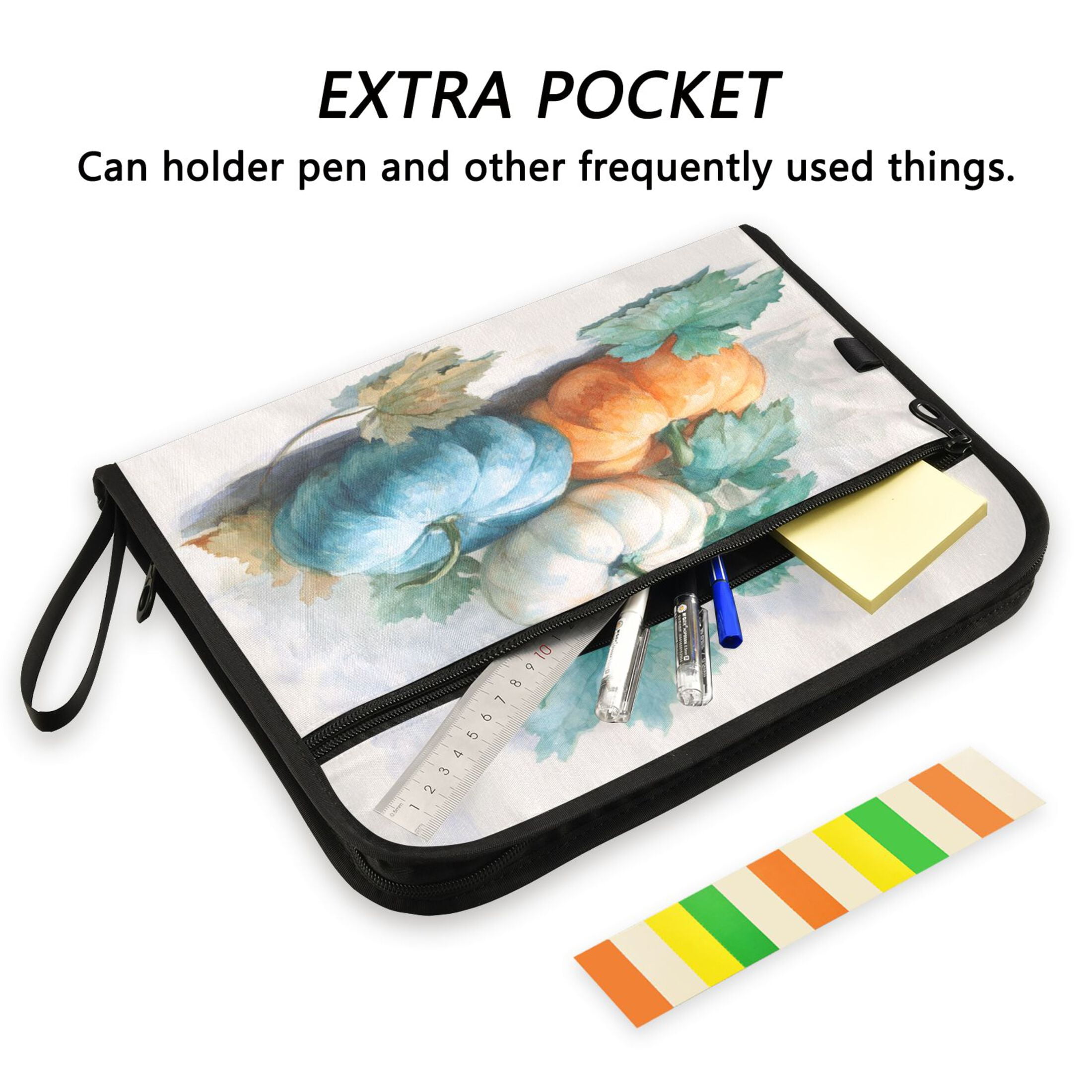 Accordion File Organizer with Zip Closure 13 Pockets Expanding File Folder Letter A4 Paper Document Organizer for Home Office Watercolor Pumpkins and Leaves