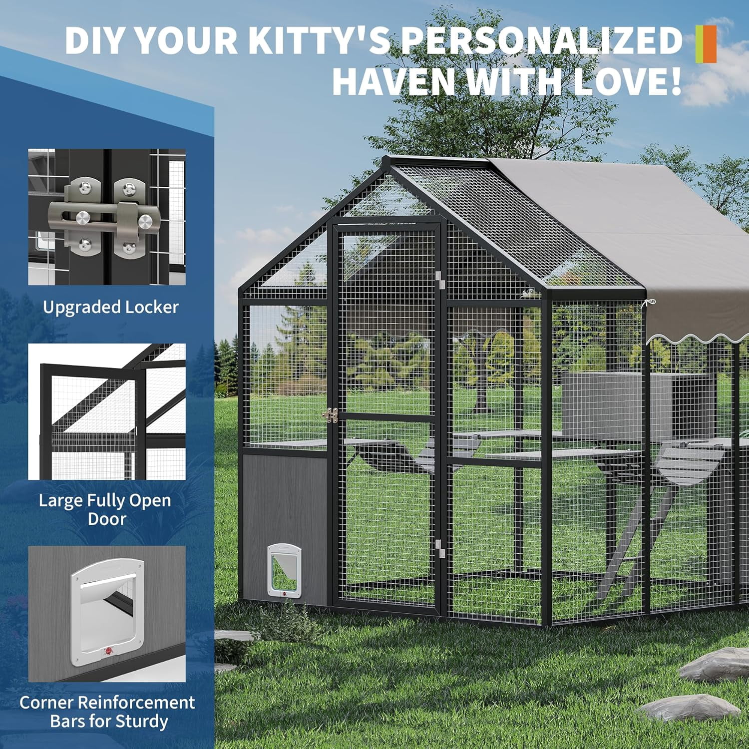 Large Outdoor Cat Enclosure,Aluminum Walk-In Wooden Outside Cattery Cat Run  with Weatherproof Roof with Channels, Side Door, UV Proof Cover, Idea for Multiple Cats
