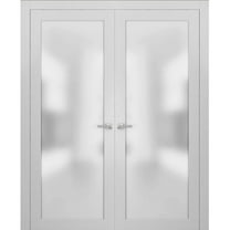 Solid French Double Doors Frosted Glass | Planum 2102 White Silk | Wood Solid Panel Frame Trims | Closet Bedroom Sturdy Doors-84" x 96" (2* 42x96)-Frosted Glass