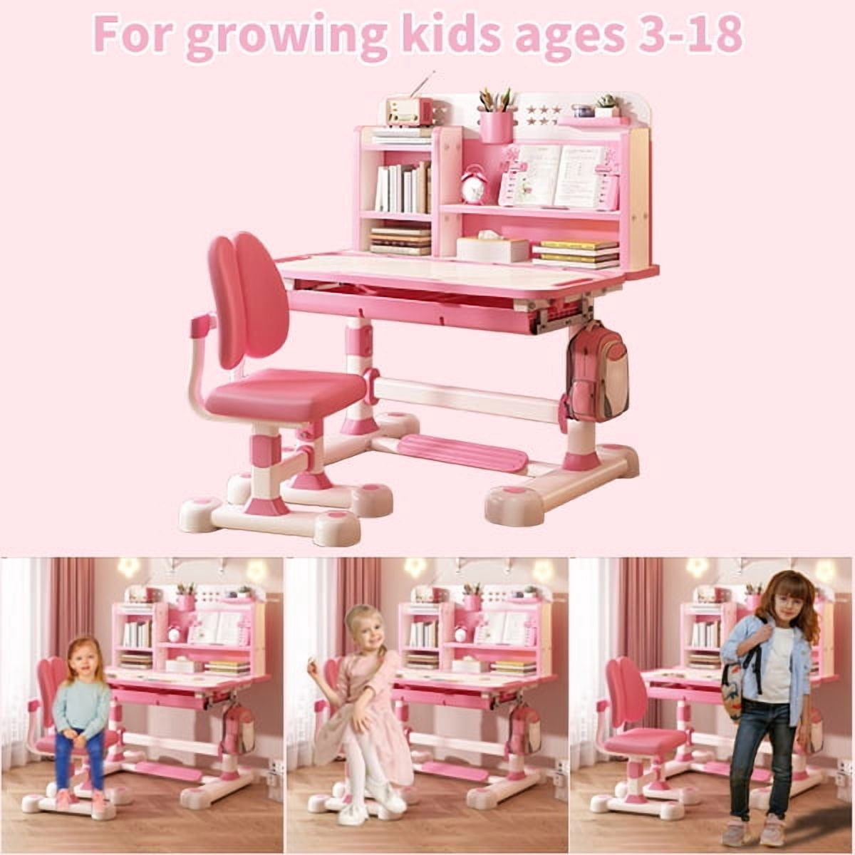 Thehsnt Kids Study Desk Chair Set, Height Adjustable Children School Study Table Chair Set with Sitting Corrector, Ergonomic Desk Chair with Book Stand, Foot Pedal