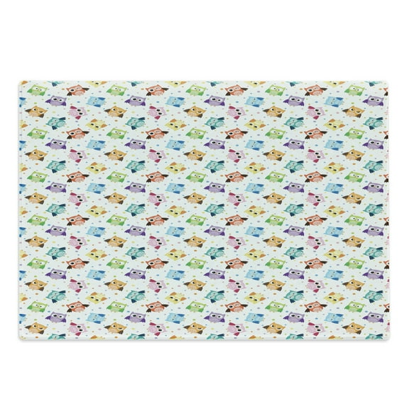 Owls Cutting Board, Confused Funny Angry Sleeping Colorful Characters Dots Humorous Doodle Style, Decorative Tempered Glass Cutting and Serving Board, Large Size, Multicolor, by Ambesonne