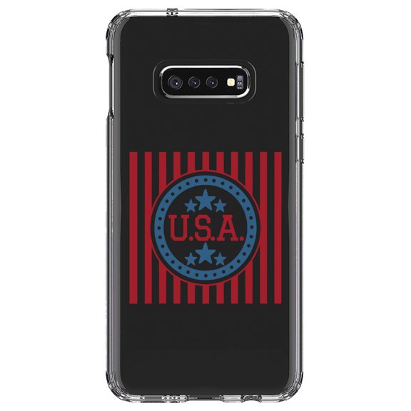 DistinctInk Clear Shockproof Hybrid Case for Samsung Galaxy S10e (5.8" Screen) - TPU Bumper Acrylic Back Tempered Glass Screen Protector - USA Banner Flag Red White & Blue