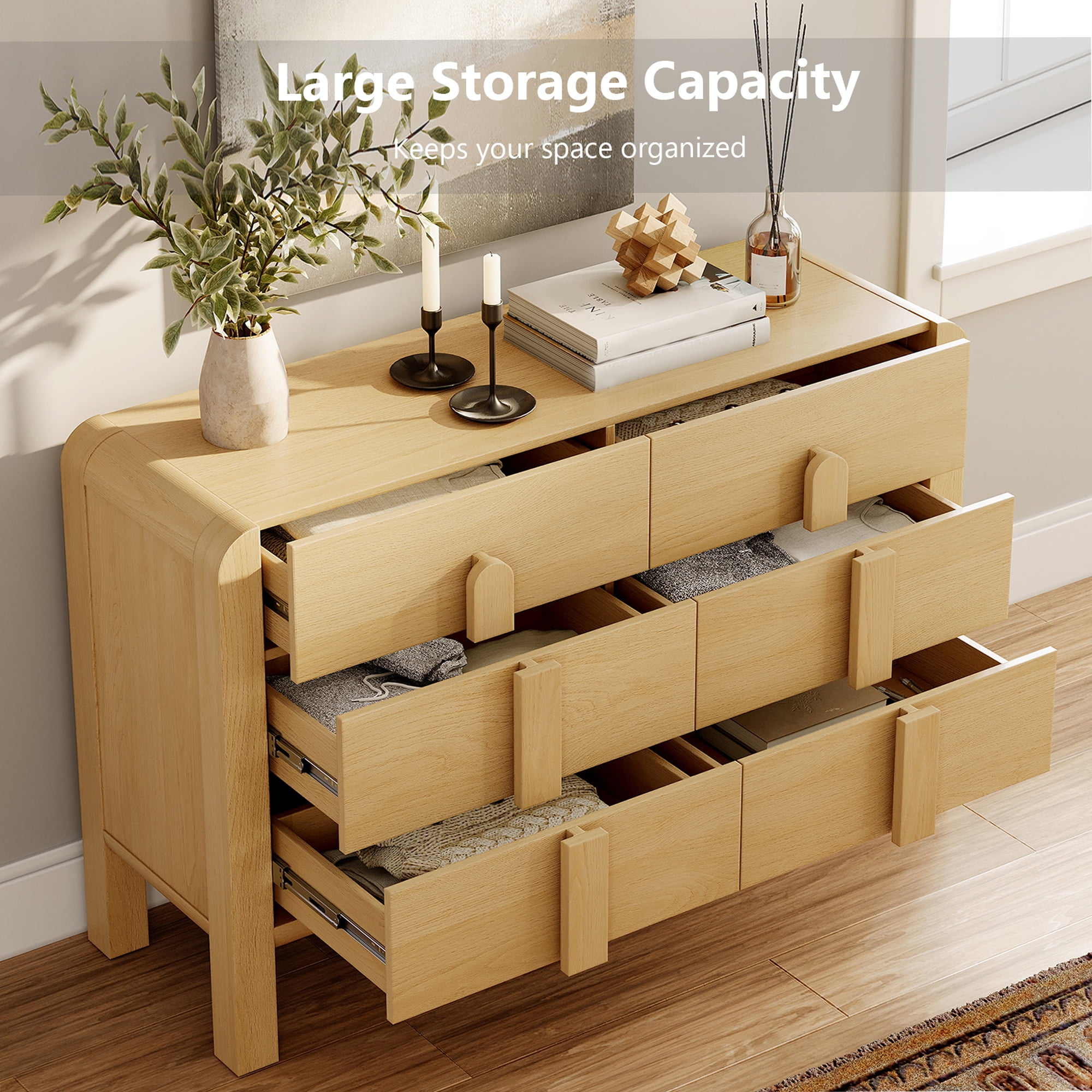 Mid Century 6 Drawer Dresser for Bedroom, Wide Modern Chest of Drawers with Curved Profile Design, Wood Closet Clothes Storage Organizer for Bedroom, Living Room