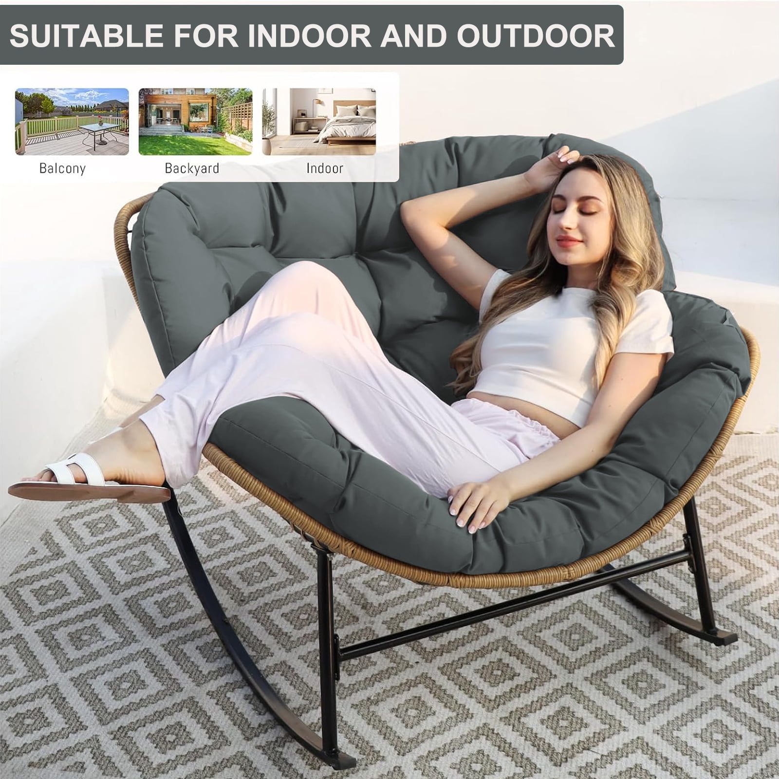 XXLYY Outdoor Rocking Chair Cushions – 6.3" Thick Waterproof Papasan Egg Chair Pad with Ties, Comfortable Round Seat Cushion for Living Room, Patio, Porch, or Balcony