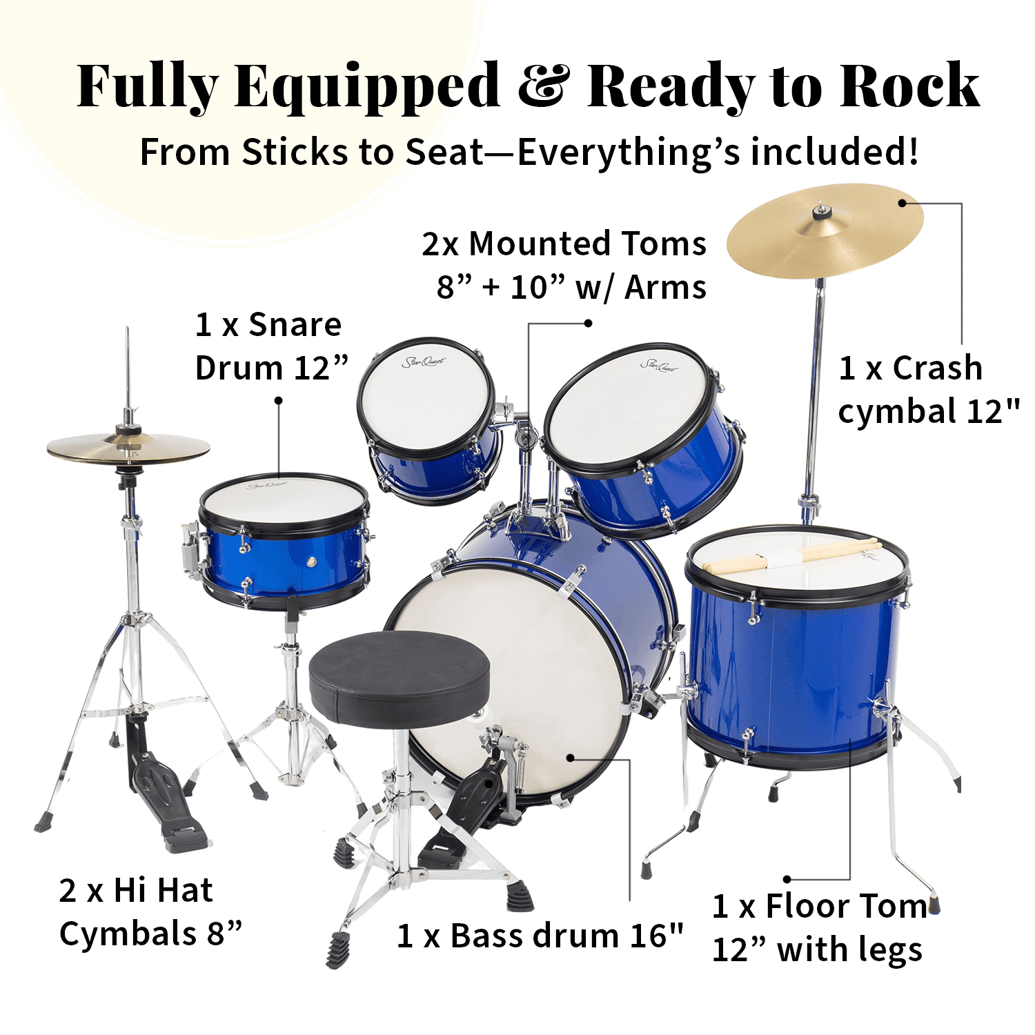 StarQuest SQ-DS-JR5-MBL Junior 5-Piece Drum Set – Premium Metallic Blue Finish with Bass, Snare, Tom and Crash Cymbal – Perfect for Junior Drummers and Beginners