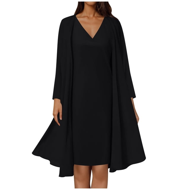 Hyknon Robes Formelles pour Femmes Mode Deux Pièces Robes Élégantes Tendances Robes Fluides Grande Taille Dentelle Patchwork Robe en Chiffon Collation des Grades Mi-Longueur Col en V Robes de Soirée, m-3TG