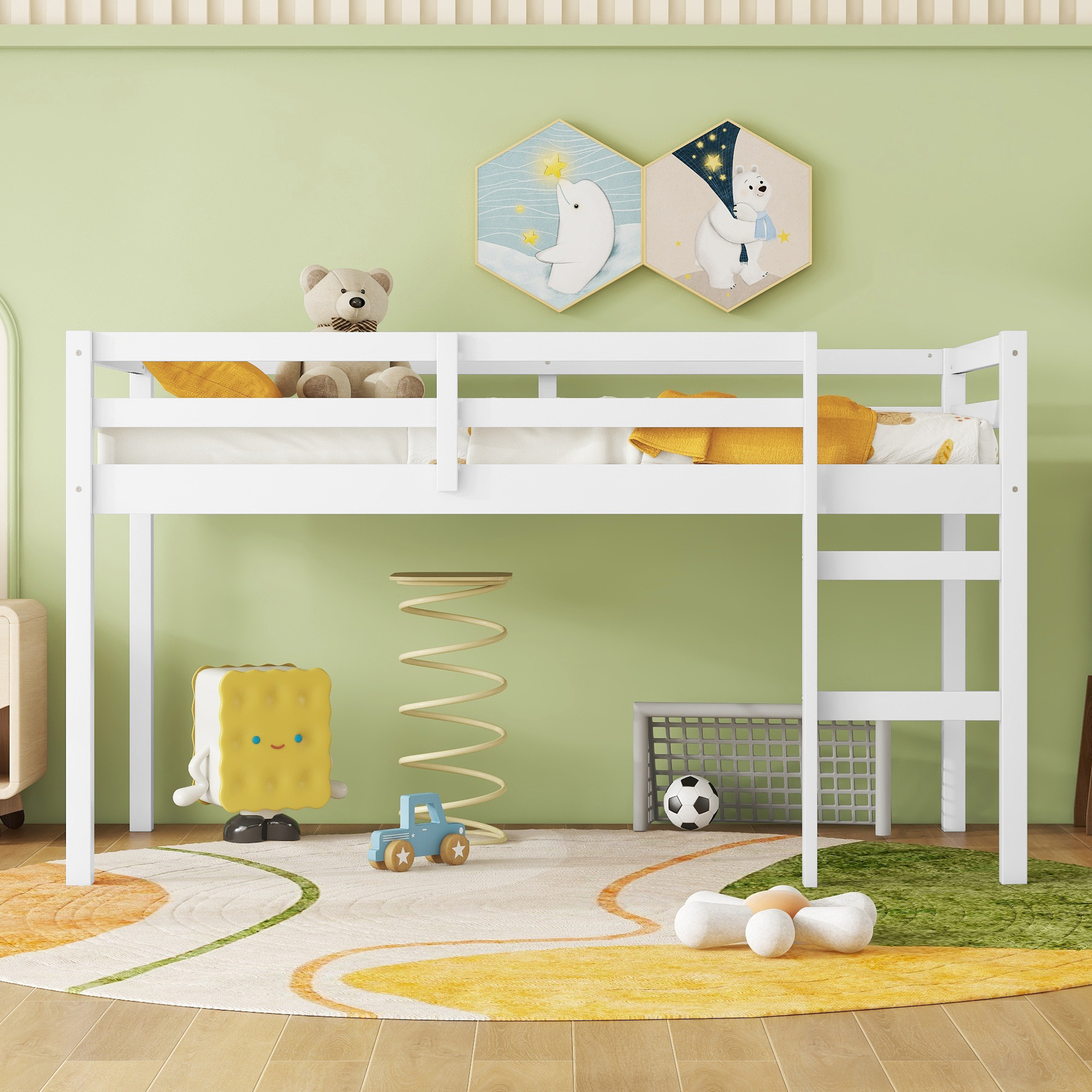 Leumius Twin Loft Bed with Ladder, Bed Platform of Strengthened Slats Solid Wooden Bed for Boys Girls White