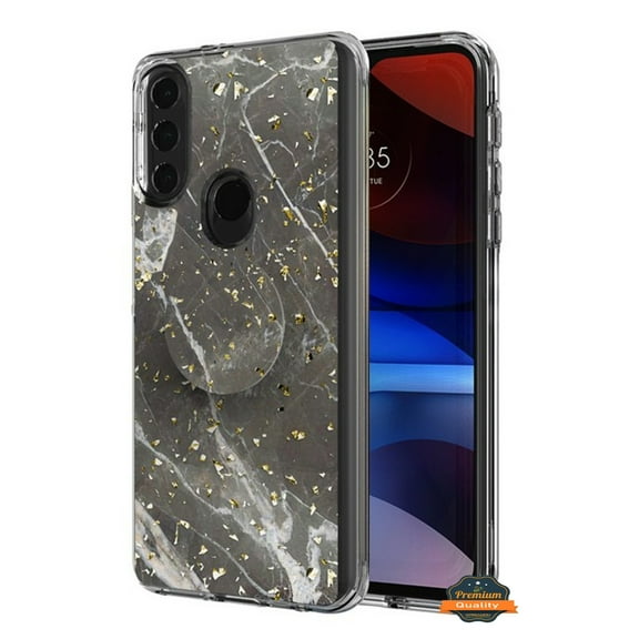 For Motorola Moto G Pure Elegant Pattern Design Bling Glitter Hybrid Cases with Ring Stand Pop Up Holder Kickstand Phone Case Cover by Xpression [Marble Gray]