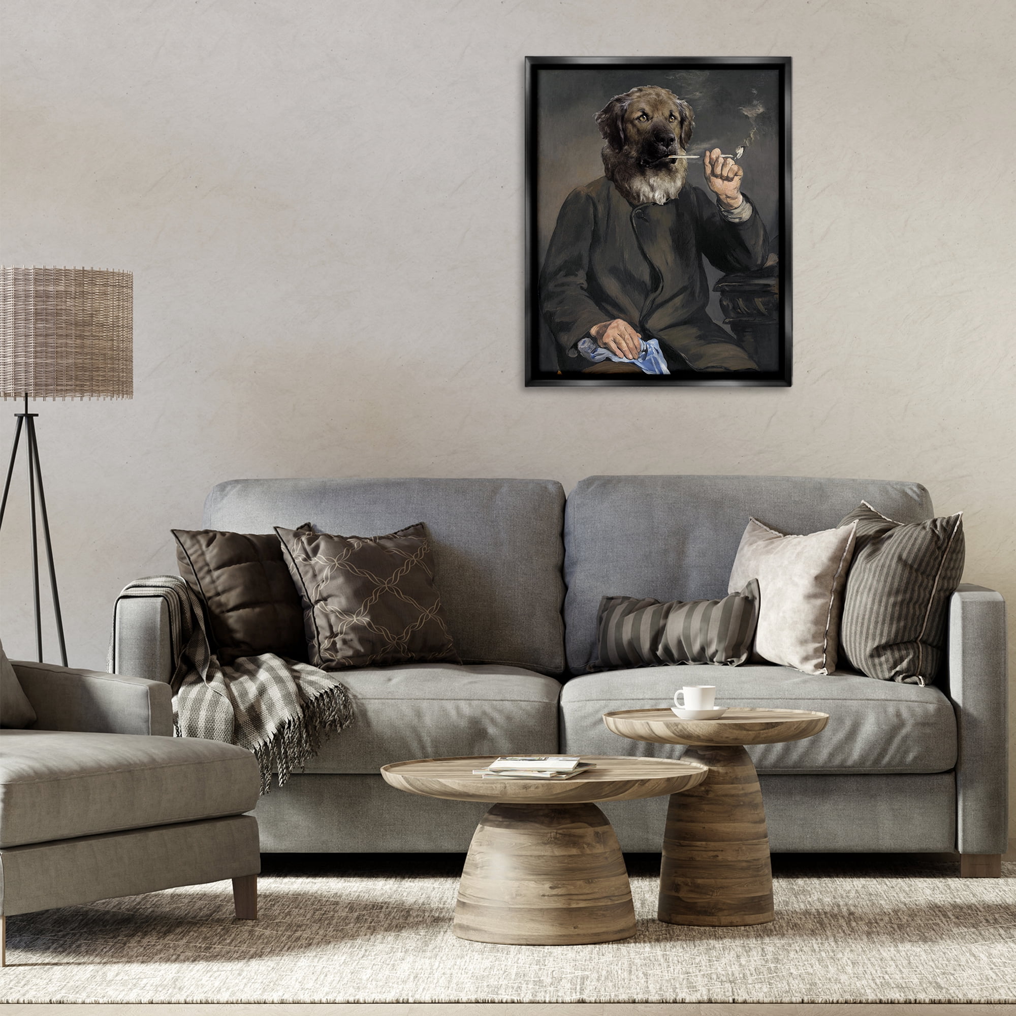 Stupell Industries Smoking Historical Dog Novelty & Humor Painting Black Floater Framed Canvas Art Print Wall Art, 25 x 31