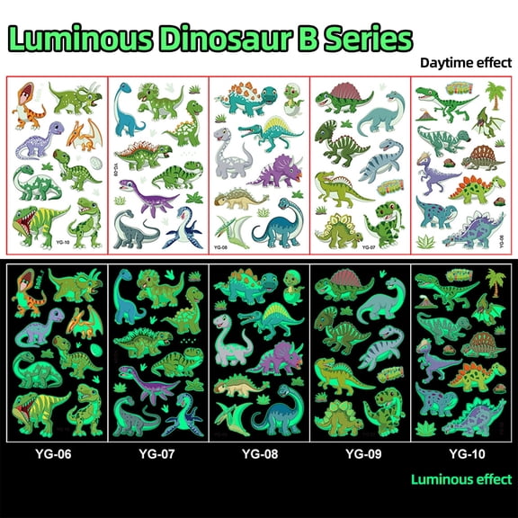 Luminous Tattoos For Kids, Dinosaur Temporary Tattoo Stickers, Glow In The Dark Tattoos for Boys and Girls, Dinosaur Fake Tattoos More Party Makeup Gifts 5 Sheets