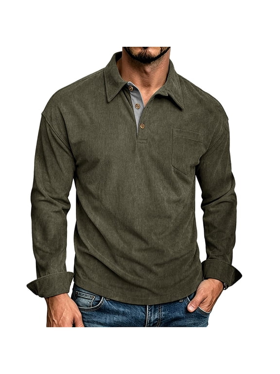 Mens Long Sleeve Collared Corduroy Patch Pocket Half Placket Pullover, Warm Vintage Top for Cool Spring Evening Strolls Army Green XXL