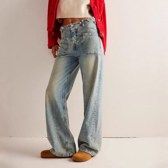 LYMAYTER Women's Washed Jeans High Waist Wide Leg Pants Loose Stretchy Denim Pants with Pockets