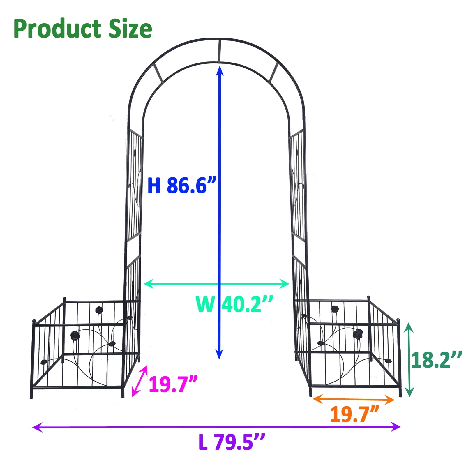 Metal Garden Arch with Plant Stands 79.5" Wide x 86.6" High Climbing Plants Support Rose Arch Outdoor Black
