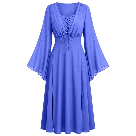KICILVS Witch Costume Women Bell Sleeves Lace Up V Neck Renaissance Medieval Larp Dress Cosplay A Line Maxi Swing Dress