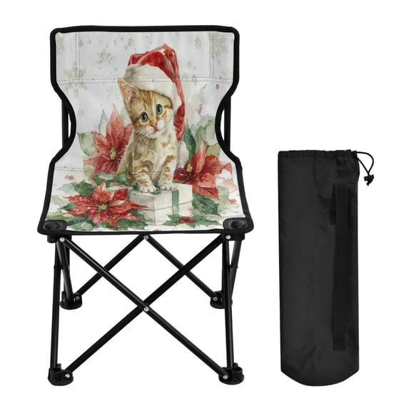 Folding Chair Camping Chair For Camping Picnicking Outdoor Beach and Travel Poinsettia Flowers and Christmas Kitten