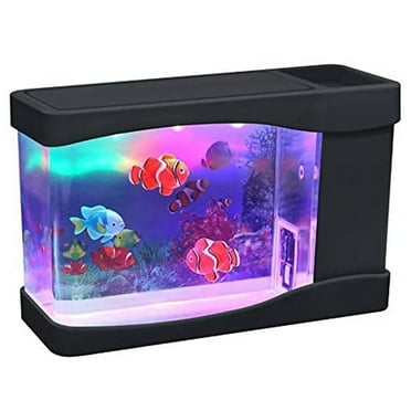 Playlearn Mini Aquarium Fake Fish Tank with LED Lights for Office and Home Decor
