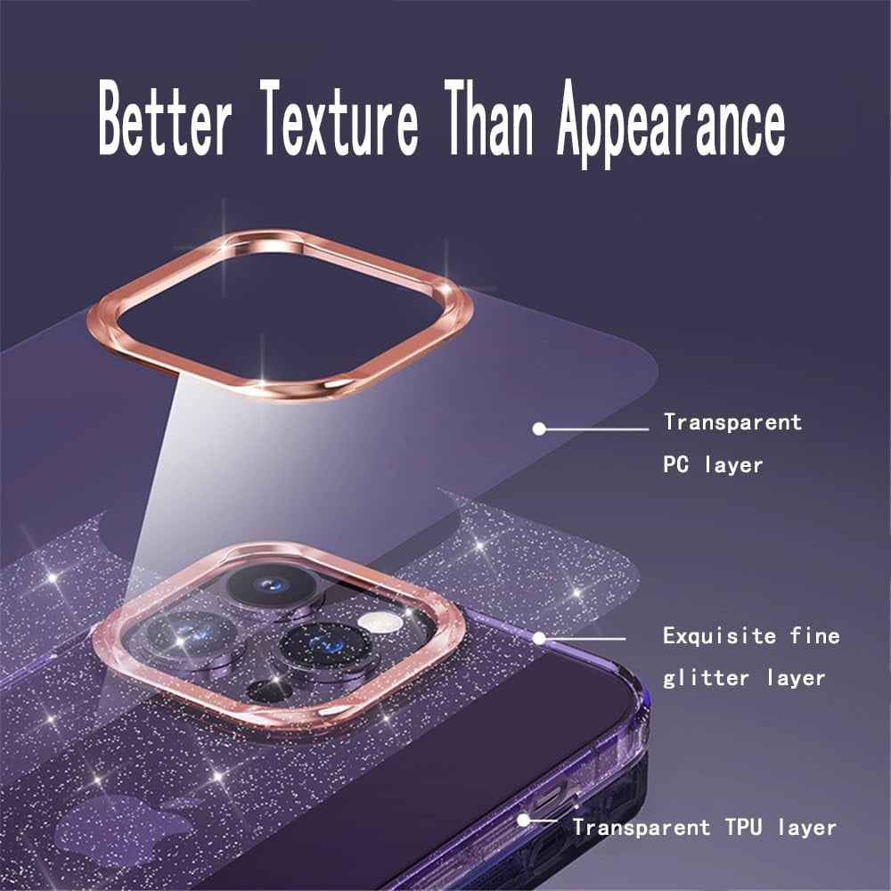 Case for iPhone 15/15 Plus/15 Pro/15 Pro Max, Clear Sparkle Phone Case with Electroplated Lens Protective, Support Wireless Charging Cover