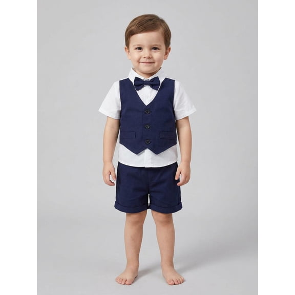 Kids Boys Gentleman Clothes Outfits Patchwork Bowtie Short Sleeve Blazer Waistcoat Shirts Solid Color Shorts 2Pcs Suit