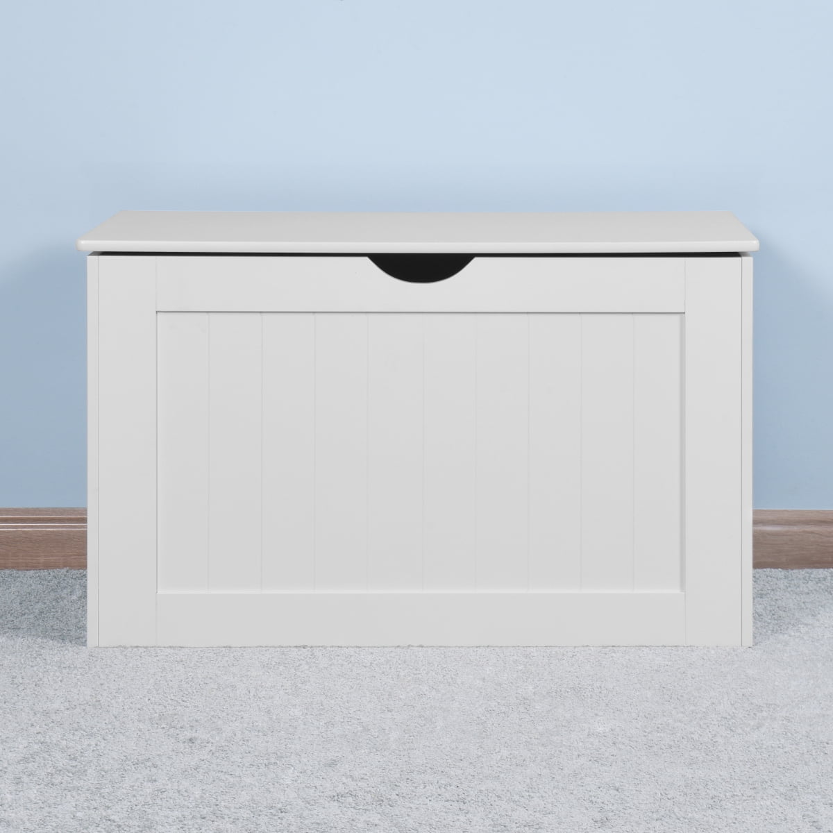 White Lift Top Entryway Storage Cabinet Wooden Toy Box with 2 Safety Hinges