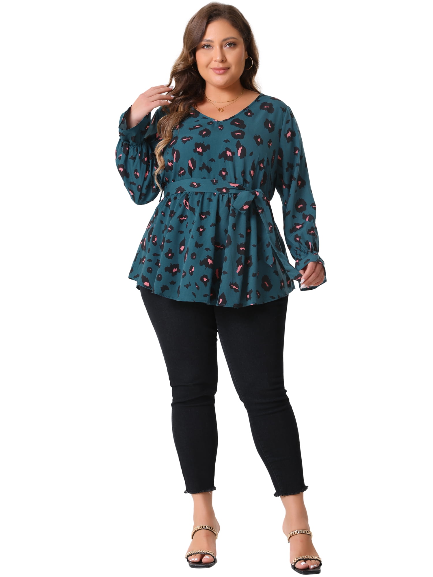 DARING DIVA Women's Plus Graphic Print Belted Long Sleeve V Neck Top 1X Teal Blue