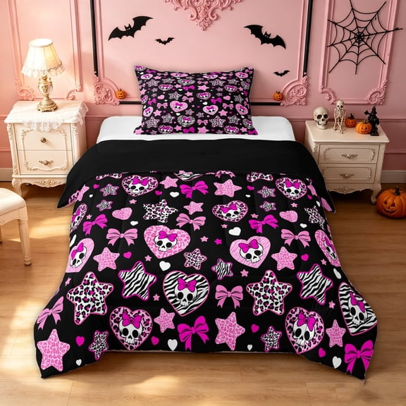 Feelyou Cute Bow Skull Twin Comforter Sets, Sugar Gothic Halloween Bedding Set, Black Pink, Black Reversible, 2 Pieces, 1 Comforter and 2 Pillowcases