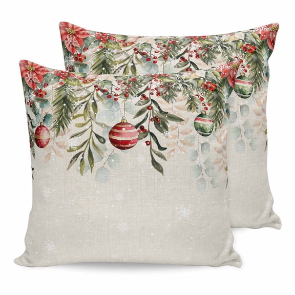 Pillow Covers 16x16 Set of 2, Christmas Throw Pillow Covers Decorative Couch Cushion Cover, Xmas Balls Poinsettia Winter Flower Berry Beige Microfiber Soft Pillowcases for Bedroom Living Room Sofa