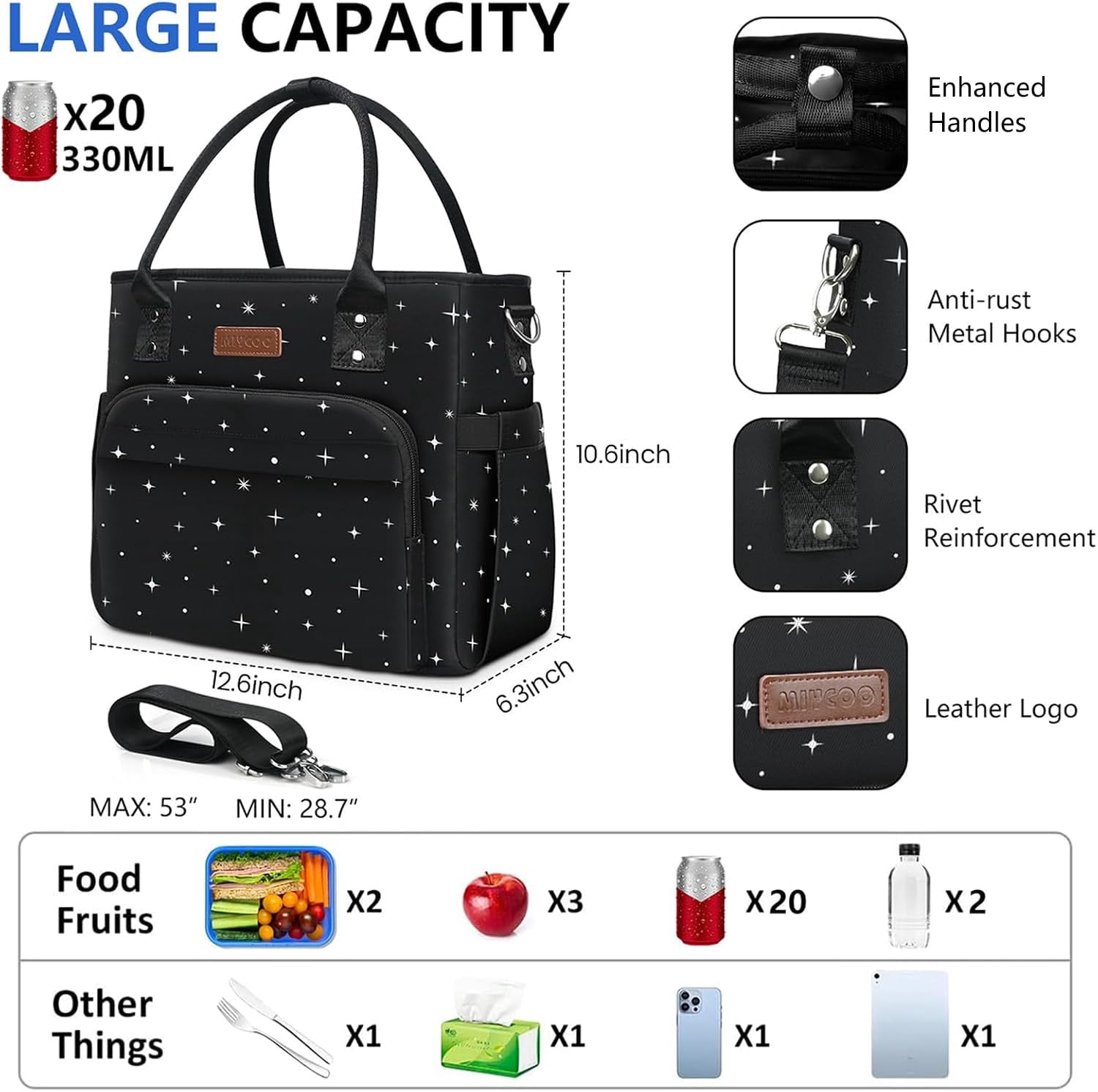 Lunch Bag Box Women - Leakproof Insulated Cooler For Large Tote Bags Adults  Black Starry Sky