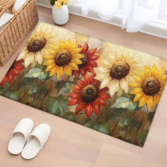 2x3 Ft Entryway Area Rug, Summer Sunflowers Kitchen Rug Runner Washable Floor Mat, Vintage Oil Painting Red Yellow Floral Non Slip Indoor Door Mat Throw Carpet for Bathroom Living Room Bedroom