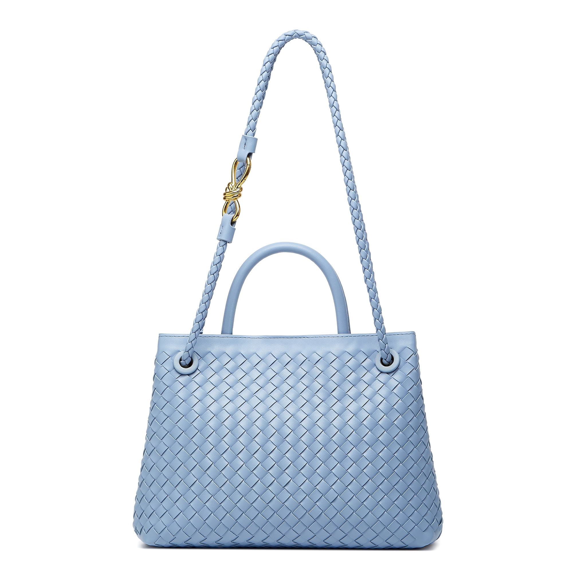 Woven Bag for Women Shoulder Purse: Vegan Leather Handbag - Handmade Tote Bag - Elegant Satchel Bag with Bowknot (Blue Color)
