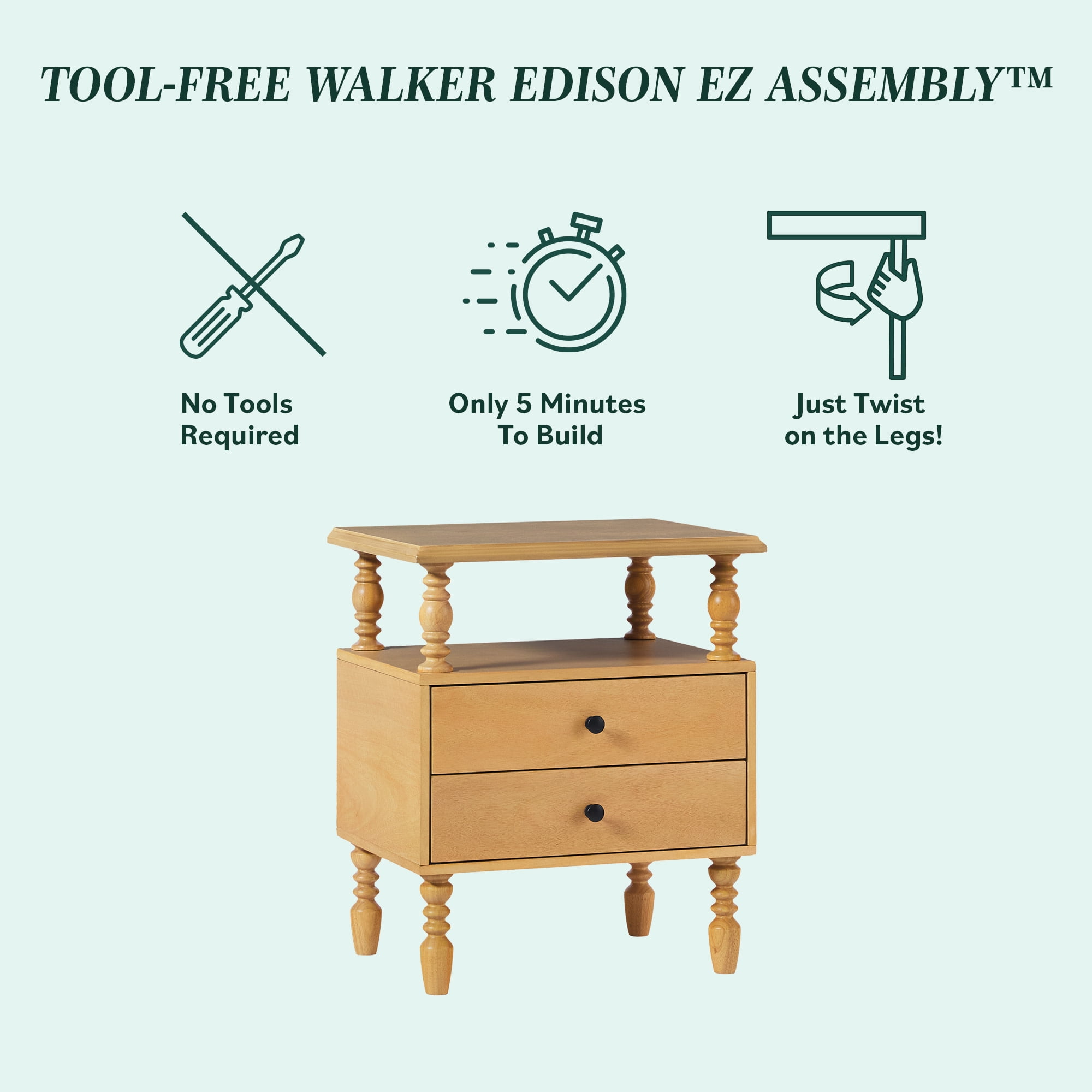 Vivienne Walker Edison Easy Assembly Solid Wood Spindle 2-Drawer Nightstand - Natural