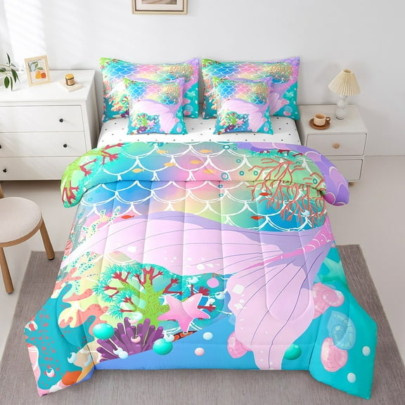 Erosebridal Girly Mermaid Tail Bedding Sets Twin Size,Dreamy Princess Comforter Sets with Sheets,Marine Theme Decor,Lightweight,7-Piece