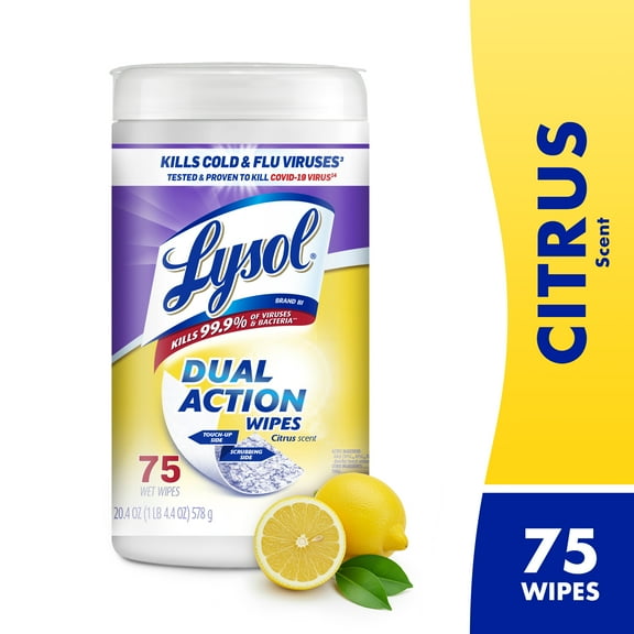 Lysol Dual Action Disinfecting Wipes, Citrus, 75ct