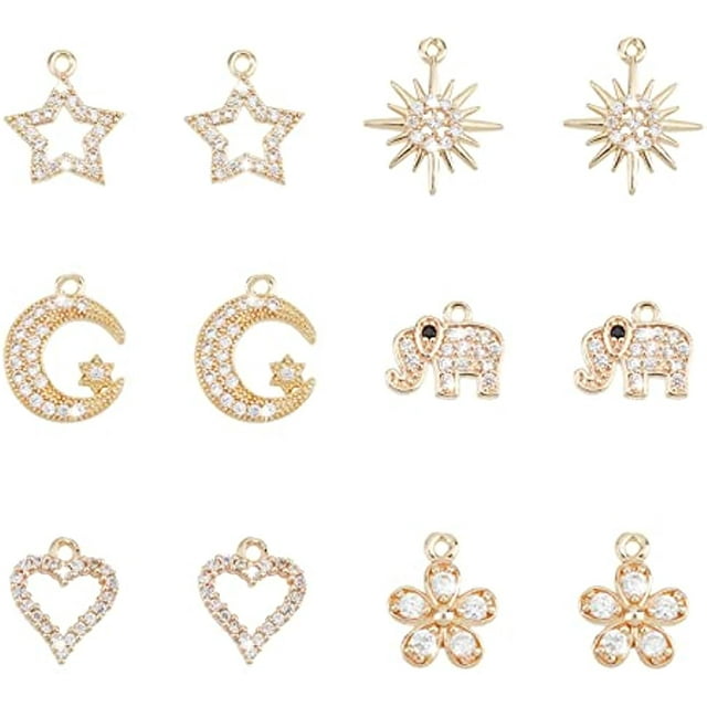 12 Pcs 6 Styles Brass Cubic Zirconia Charms Light Gold Rhinestone Dangle Pendants Moon & Star & Heart & Sun & Flower & Elephant Brass Micro Pave Charm Pendants for Jewelry Making