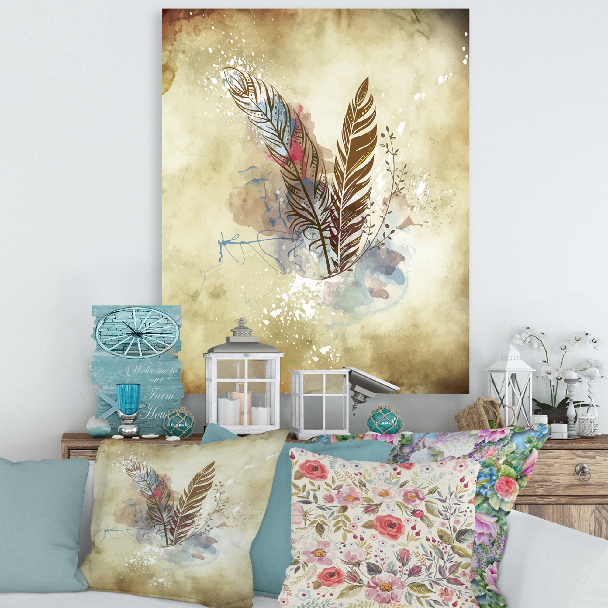 Designart ' Beige Vintage Flowers ' Vintage Canvas Wall Art Print