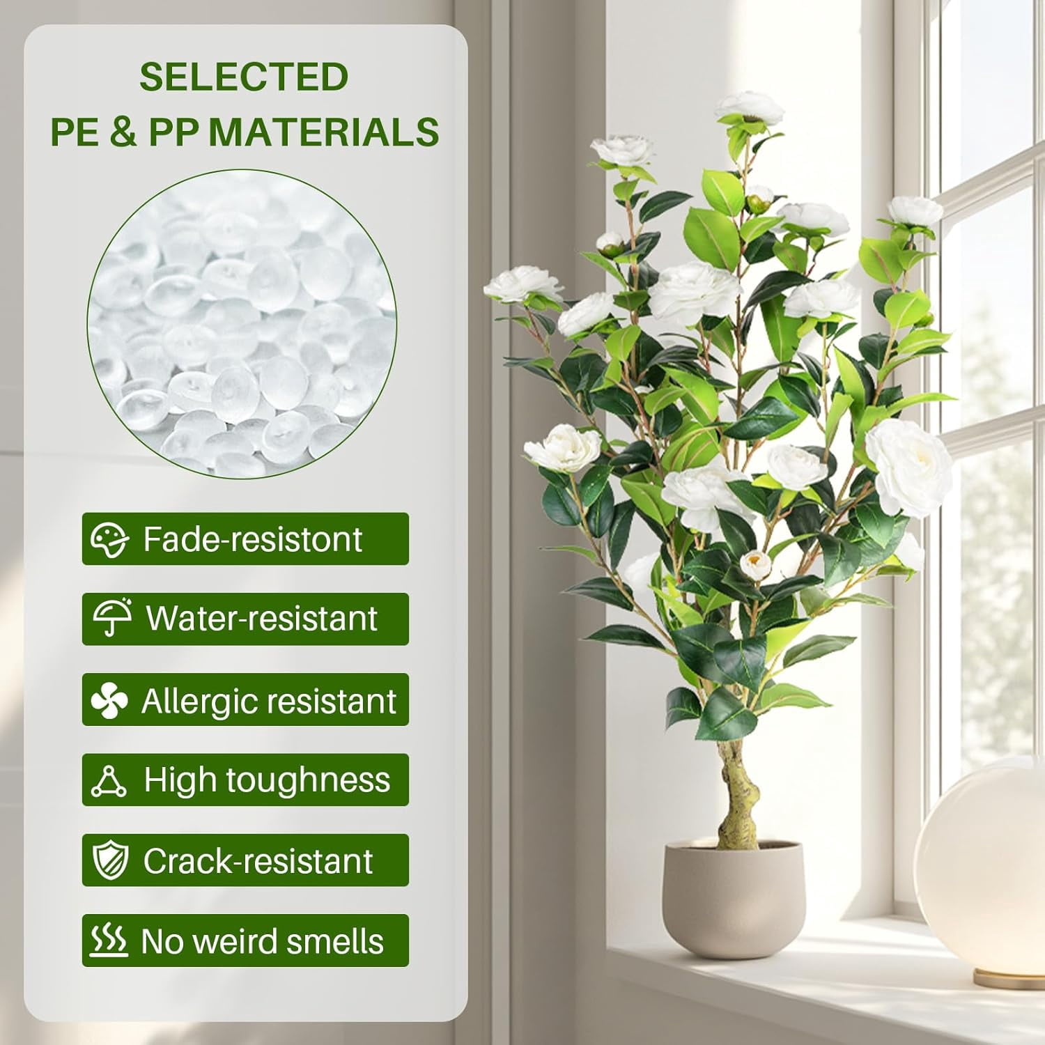 Artificial Camellia Tree 2 Pack, 3FT Faux Camellia Plant in Pot, 36 inch Fake Potted Camellia Flower Tree Plastic Camellia Tree for  Office Living Room Floor, Christmas, Decor Indoor, White