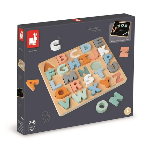 Janod - Sweet Cocoon Alphabet Puzzle - Colourful 3 In 1 Wooden Toy - For Babies and Toddlers - From 24 Months - Multilingual - J04412.