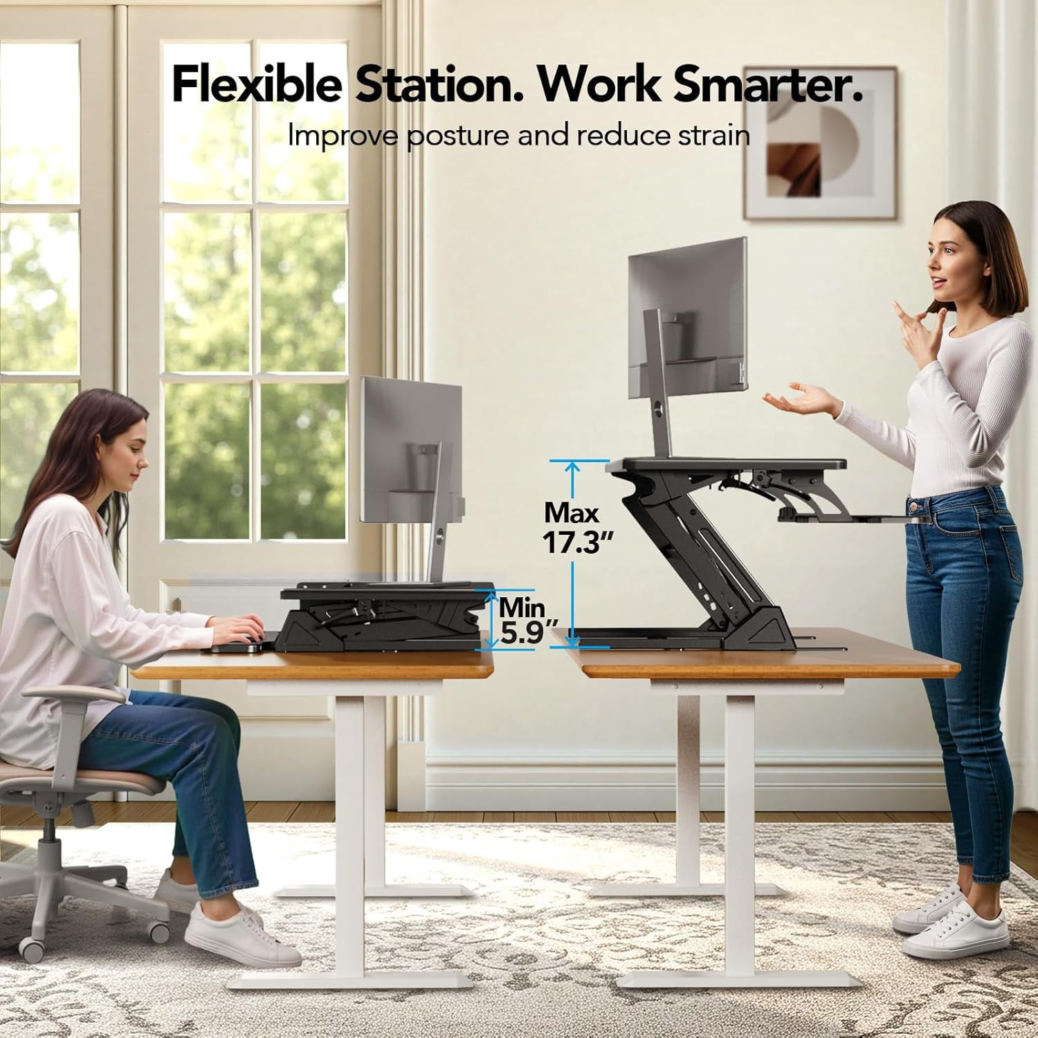 CHITOOMA 32" Z Shaped Stable Standing Desk Converter, Height Adjustable Sit Stand Up Desk Riser, Dual Monitor and Laptop Workstation with Wide Keyboard Tray, Desk Lifter for Home Office