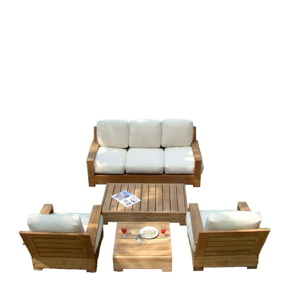 Leveb 5 Pc Sofa Set: Sofa, 2 Lounge Chairs, Coffee Table & Side Table With Cushions in Sunbrela Fabric #57003 Canvas White