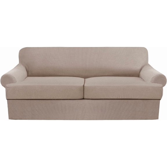 3 Piece T Cushion Sofa Slipcovers Thick Couch Cover Furniture Protector Stretch T Cushion Sofa Covers for 2 Cushion Couch with 2 Individual T Cushion Covers Washable (Khaki,Loveseat XL)