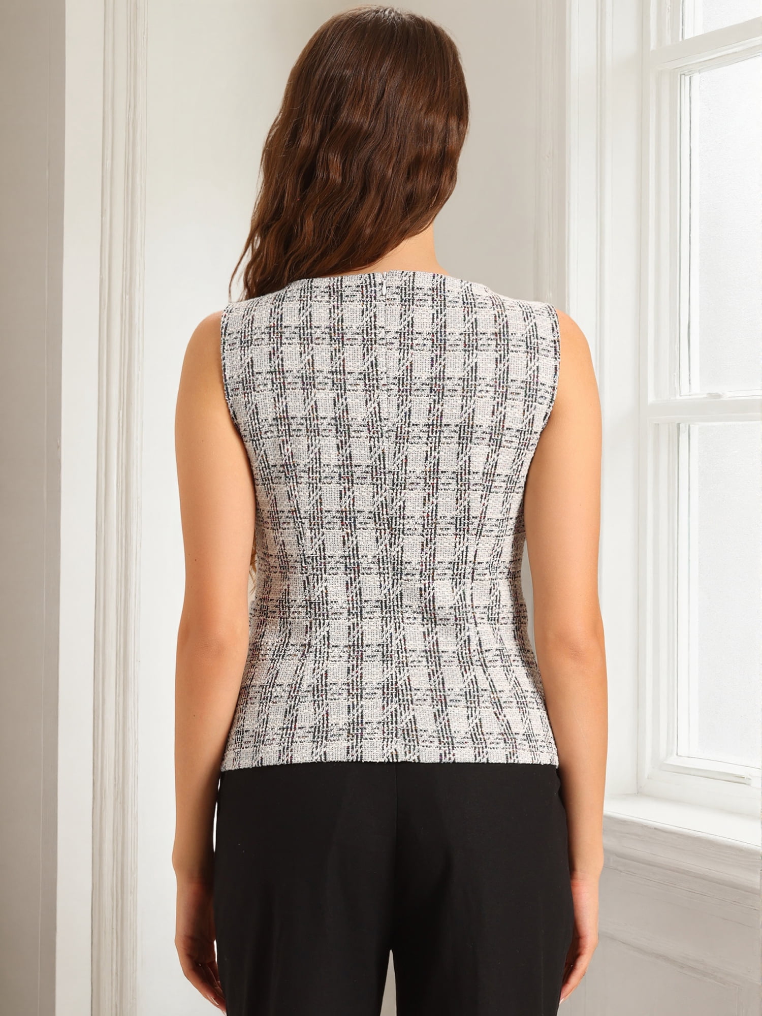 DARING DIVA Women's Tweed Elegant Crew Neck Business Vest Tops XL White Black