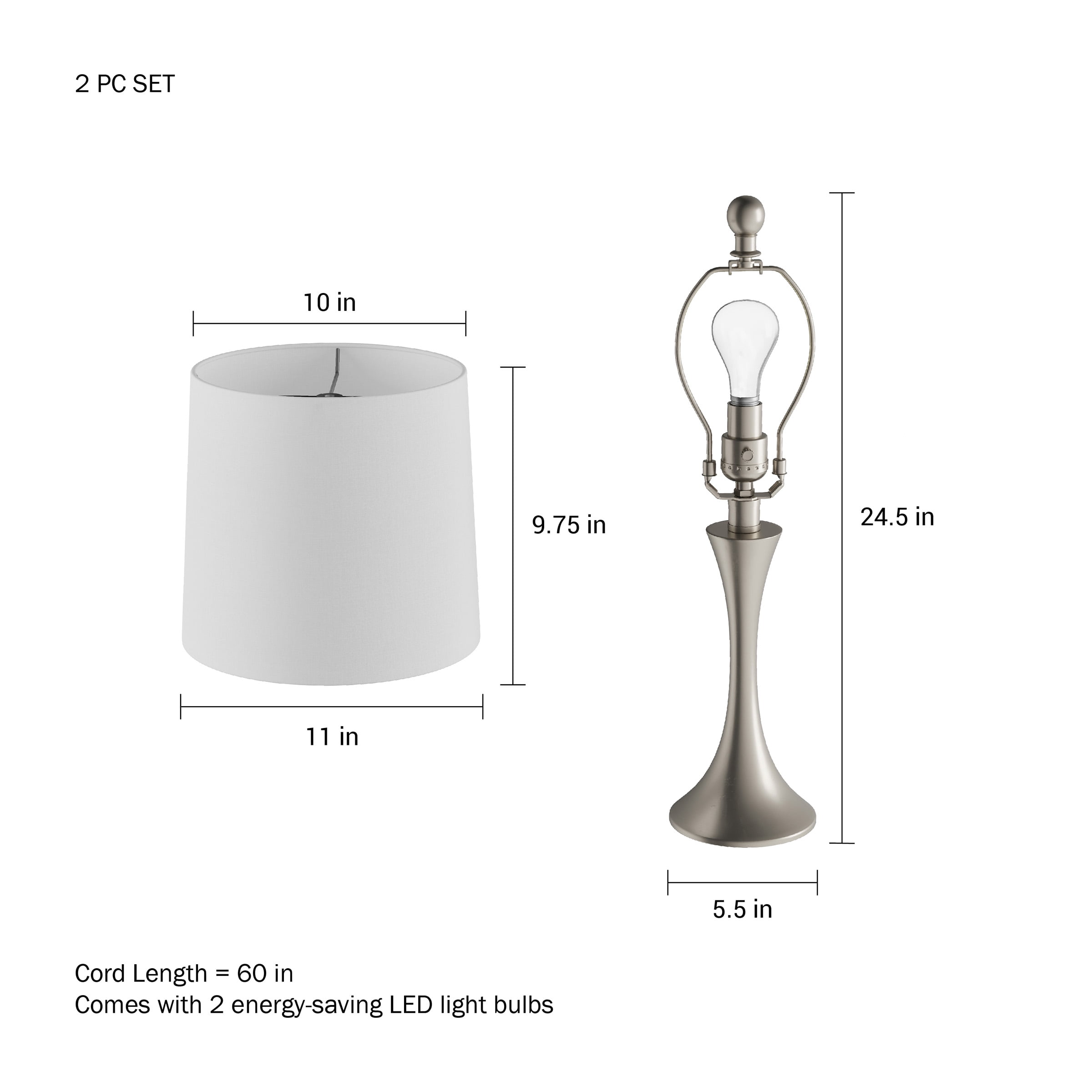 Lavish Home Set of 2 Table Lamps with Energy-Efficient LED Bulbs (Silver)