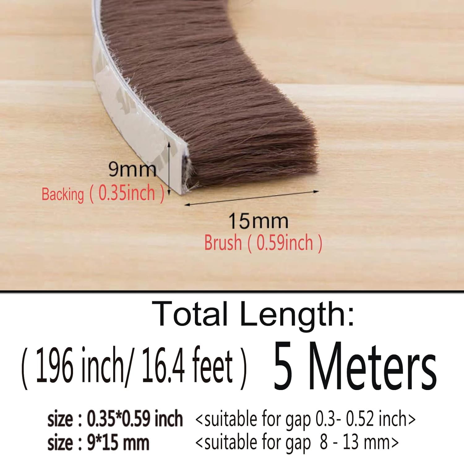 FRKSMD-Brush Weather Stripping for Windows/Doors Frame Side, Pile Self Adhesive Weatherstrip Seal Strip Sealer for Soundproofing(16ft x11/32 Backing x 9/16 Brush inch, Brown)