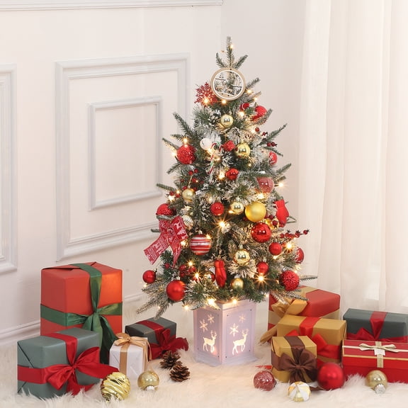 Christmas Tree, 3 Ft Pre-Lit Artificial Christmas Trees with Lighting Potted Base, Snow Flocked Small Christmas Tree with 70 LED Lights, Christmas Decoration, Battery Operated and Timer Function