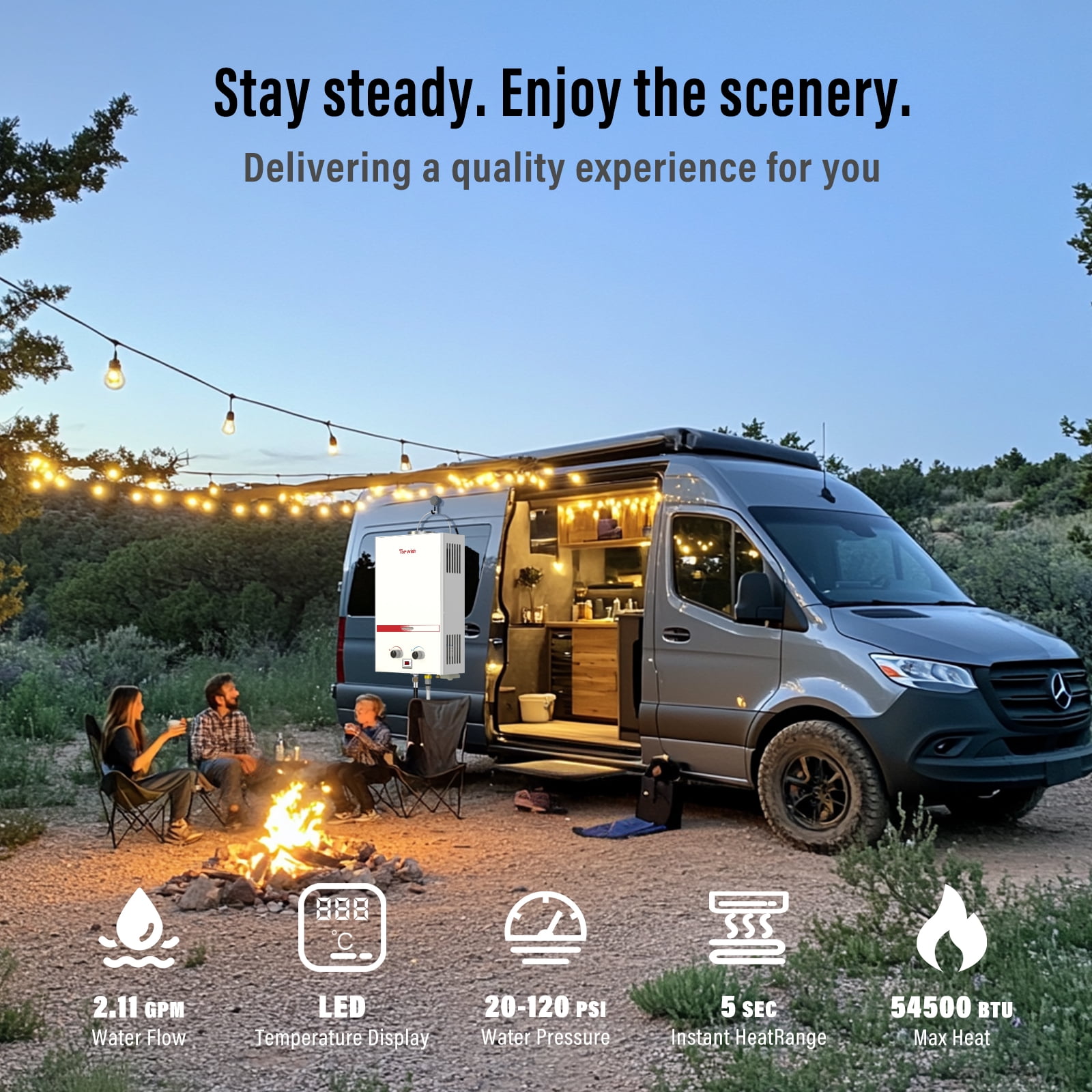 TOPWISH 8L Tankless Propane Water Heater, 2.11 GPM Portable Camping Hot Water Heater, 54,500 BTU, Digital Display, 6-in-1 Safety Protection, Battery-Powered for Outdoor RV Shower & Cabin