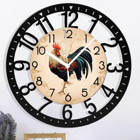 Iron Round Rustic Wall Clocks for Kitchen Living Room Decor 10 Inch Rooster Clock Battery Operated Brown Silent Wall Clock Non Ticking Style 10×10inch(25×25cm)