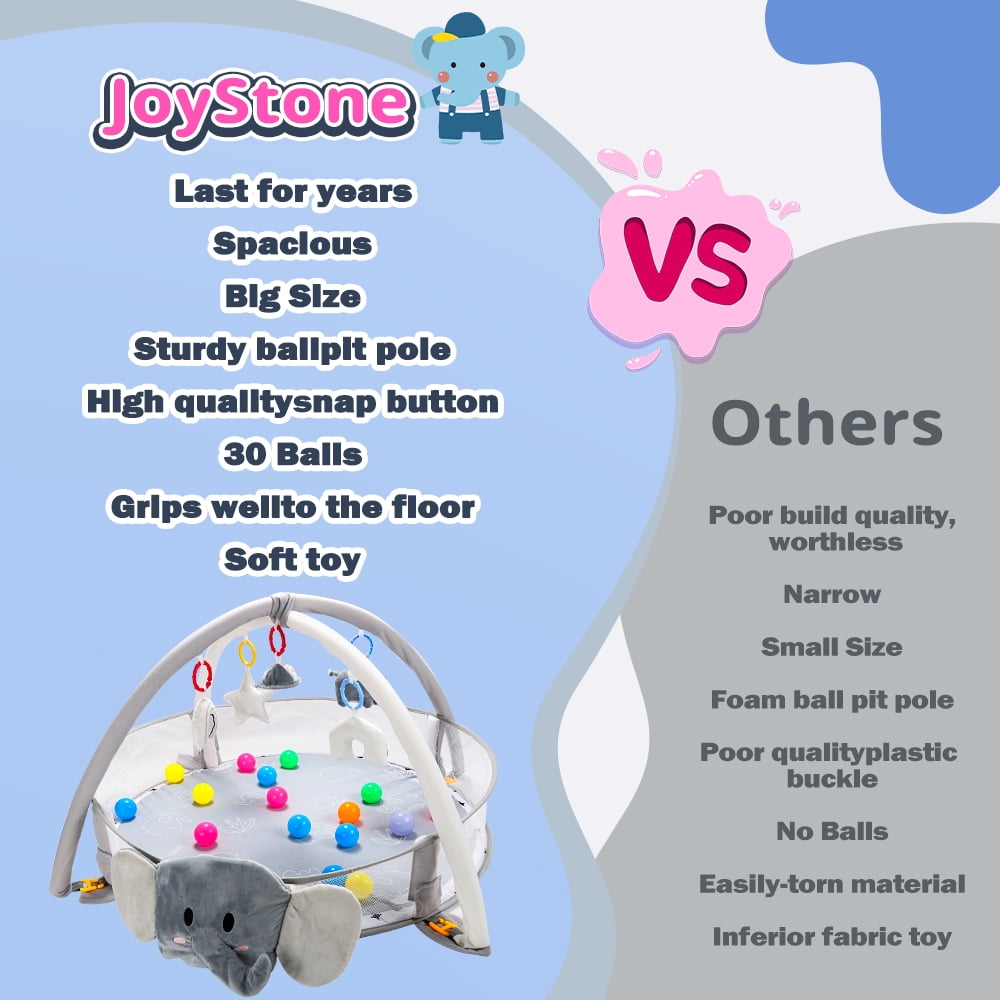 JoyStone 5-in-1 Elephant Baby Gym Play Mat with 30 Balls, Tummy Time Toys, Sensory Mat for Infants 0-12 Months