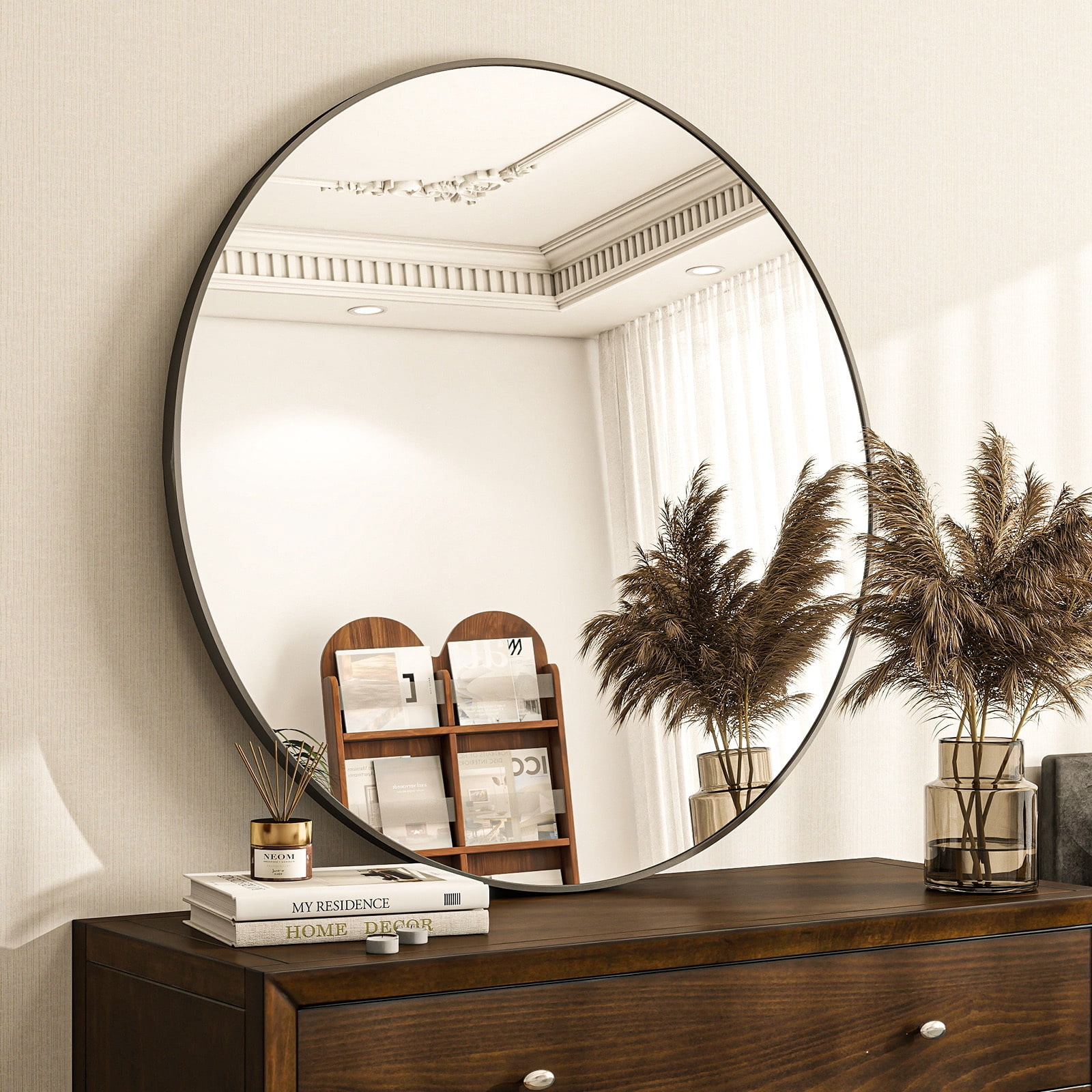 Mirstory 30" Bathroom Mirror Round Wall Mirror Vanity Mirror with Metal Frame, Black