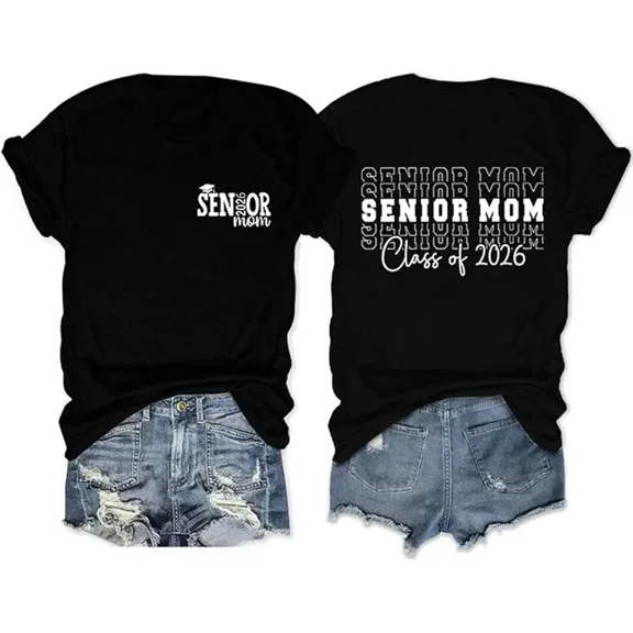 Proud Senior Mom Class of 2026 Graduation T-Shirt Retro Graphic Tee for Women Mother's Day Gift Short Sleeve Black Top