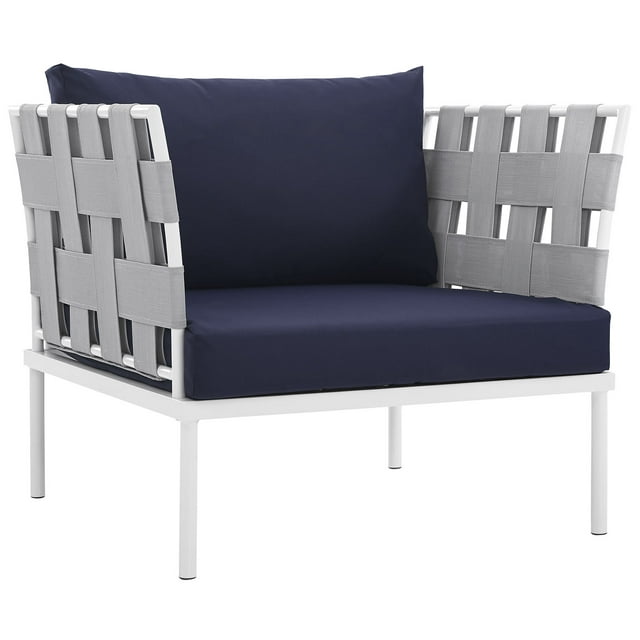 Modern Contemporary Urban Design Outdoor Patio Balcony Lounge Chair, Navy Blue White, Rattan